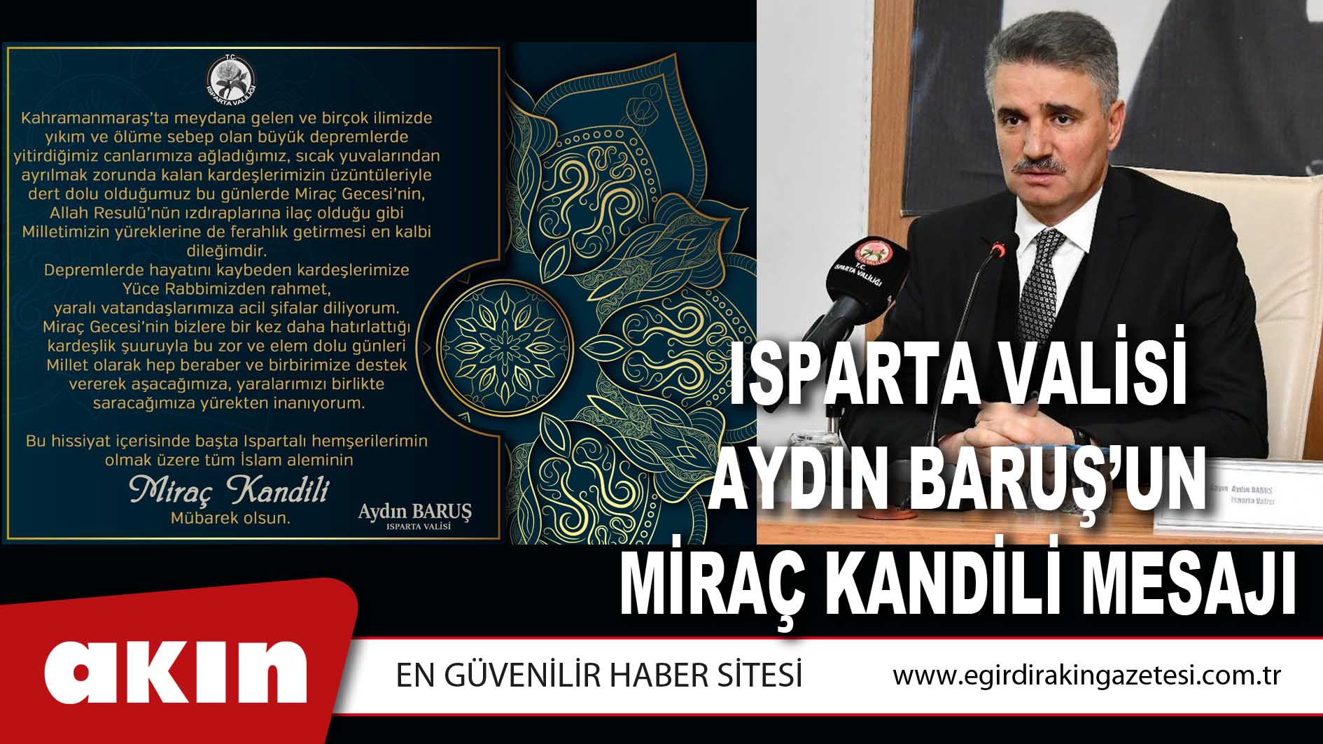 Isparta Valisi Aydın Baruş’un Miraç Kandili Mesajı